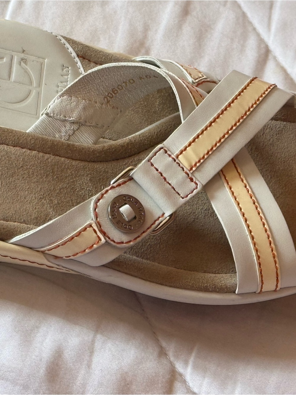 Cole Haan White + Beige Leather Strappy Sandal